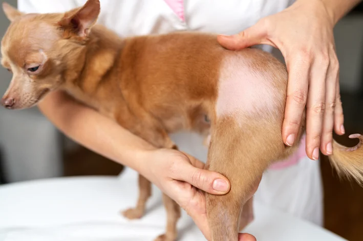 cachorro com alopecia na mesa do veterinário