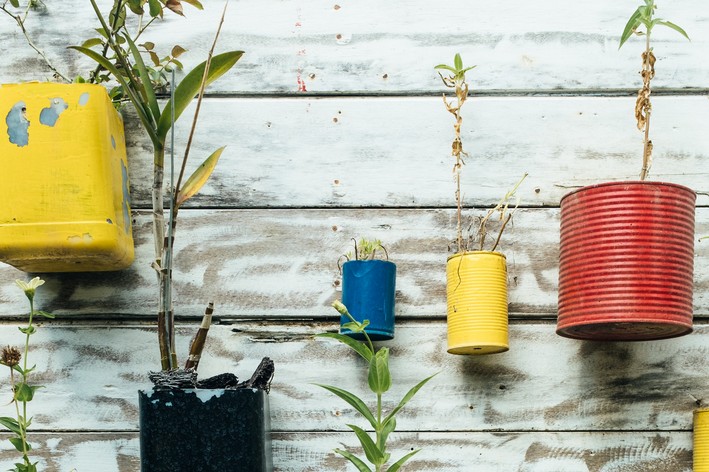 jardim suspenso com vasos suspensos feitos em materiais reciclaveis