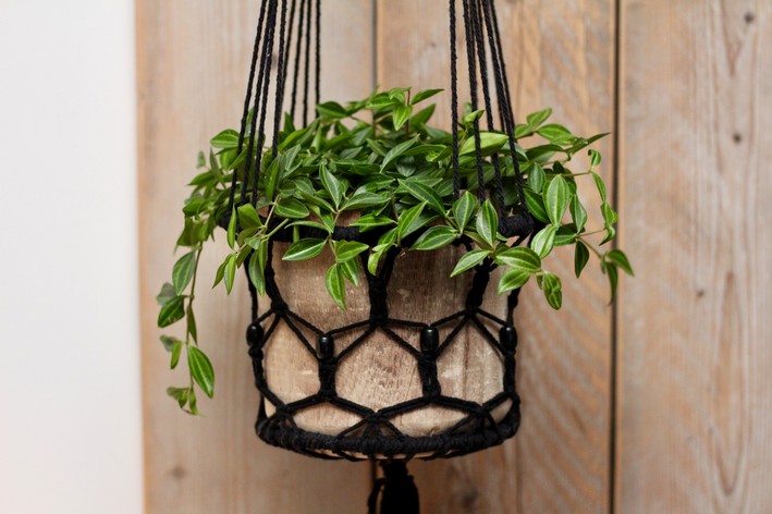 vaso suspenso em macrame preto