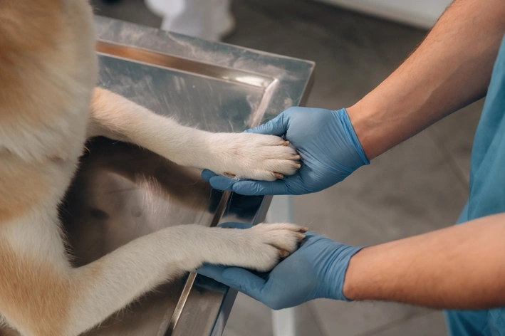 Veterinário realizando exame de saúde em cachorro, com o animal deitado na mesa de exame e o profissional usando luvas azuis.