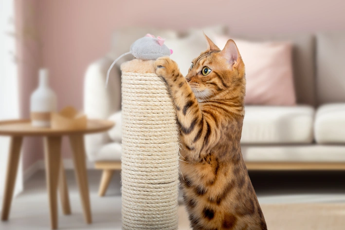 gato laranja brincando com arranhador