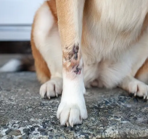 Cachorro com ferimento na pata, possivelmente uma ferida ou infecção, sentado sobre o piso de concreto, mostrando a imagem detalhada do problema na pata.