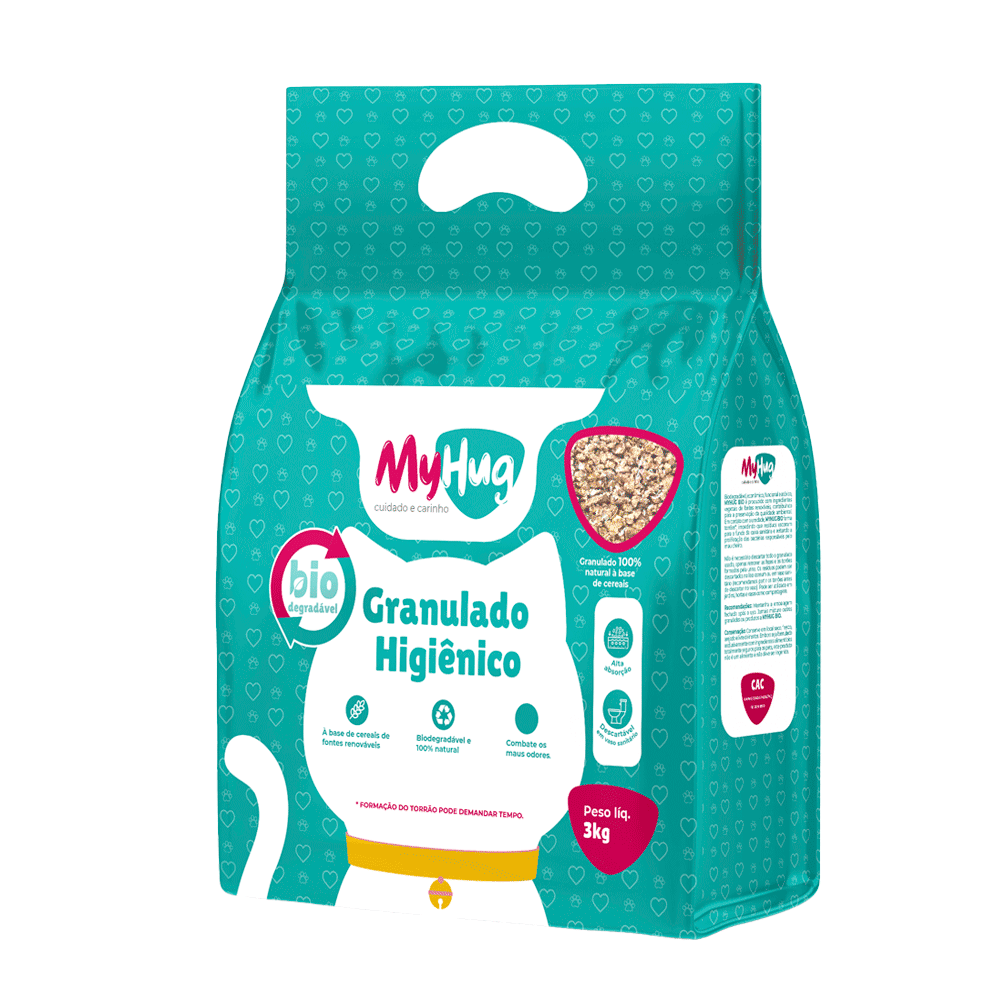 embalagem areia para gato granulada my hug biodegradável