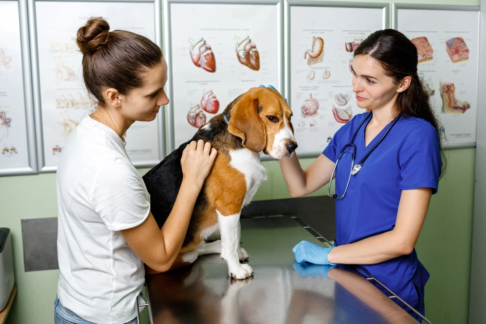 Veterinária realizando exame de saúde em um cachorro na clínica veterinária, com uma técnica tranquilizando o animal durante a consulta.