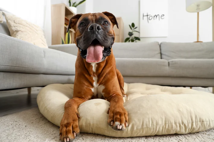 cachorro alemão boxer deitado na sala