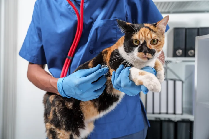 Médico fazendo um exame em um gato tricolor, investigando possíveis zoonoses felinas.