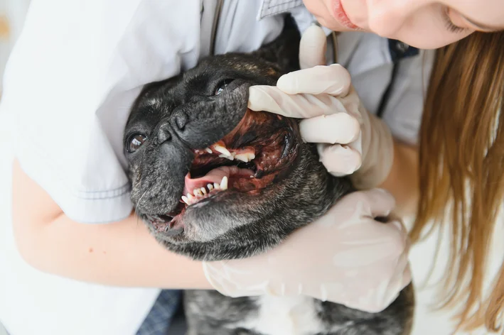 Cachorro de raça pug sendo examinado por um veterinário com luvas brancas em consultório veterinário.