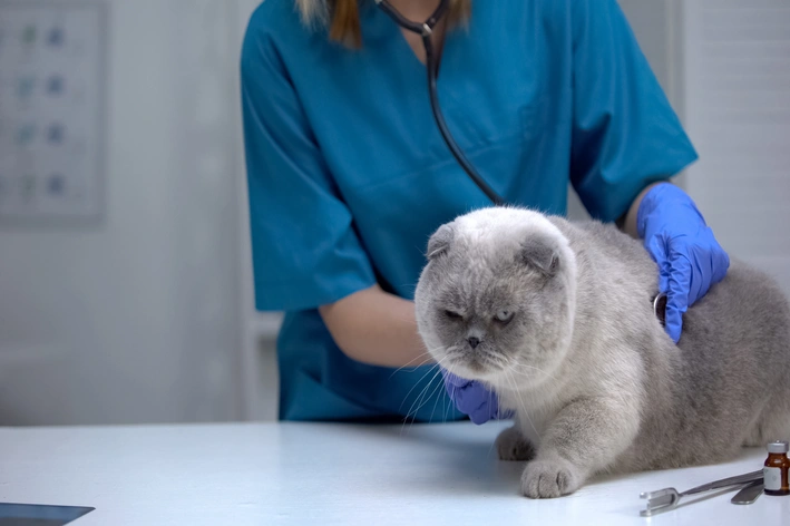 Veterinária em clínica aplica cuidados em um gato cinza e fofo, enquanto usa luvas azuis e um estetoscópio ao redor do pescoço. Ilustração de atendimento veterinário.