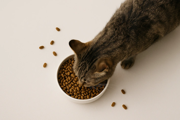 Gato comendo ração de um prato branco em uma superfície branca, com alguns grãos ao redor