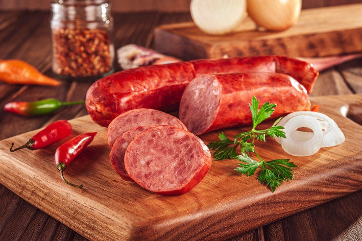 pedaços de linguiça cortada