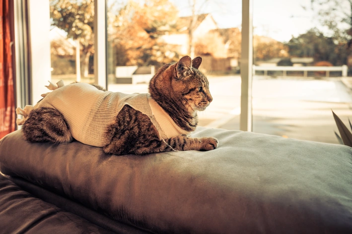 gato com roupa pós-cirurgica olhando pela janela