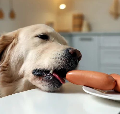Cachorro tentando comer salsicha
