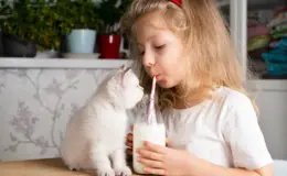 Menina com cabelo cacheado, usando tiara vermelha, tomando leite com canudo ao lado de um gato branco em uma cozinha.