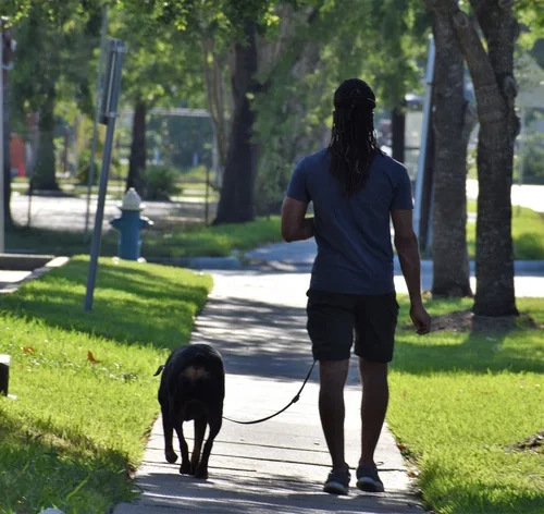 homem levando cachorro para passear