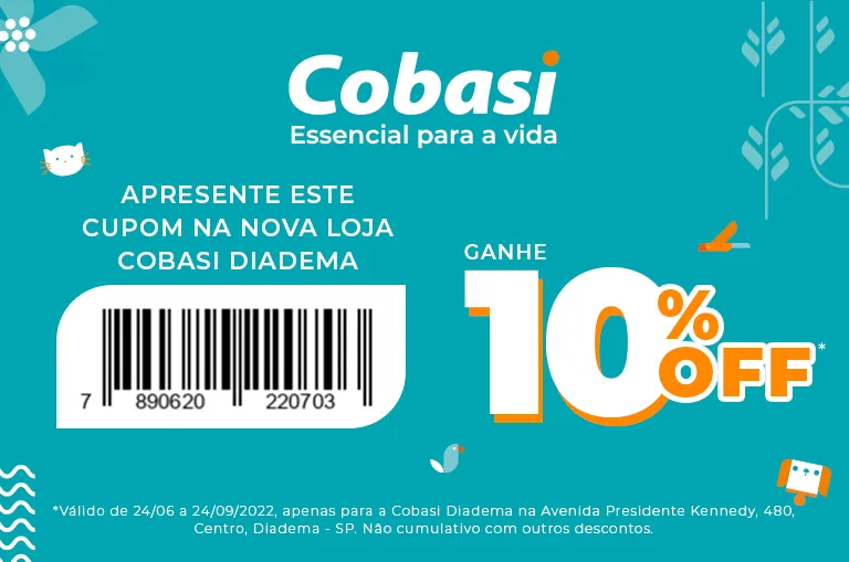 Cupom com 10% de desconto em compra na Cobasi Diadema