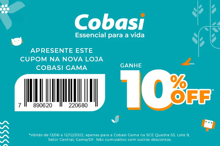 voucher de desconto inauguração da Cobasi em Gama