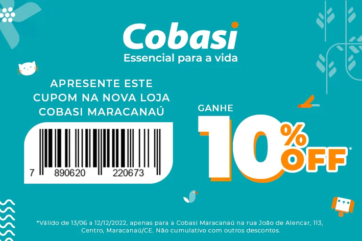 voucher de desconto inauguração da Cobasi em Maracanú