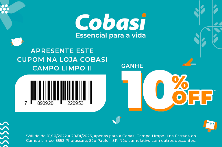 voucher com 10% de desconto na Cobasi Campo Limpo ll