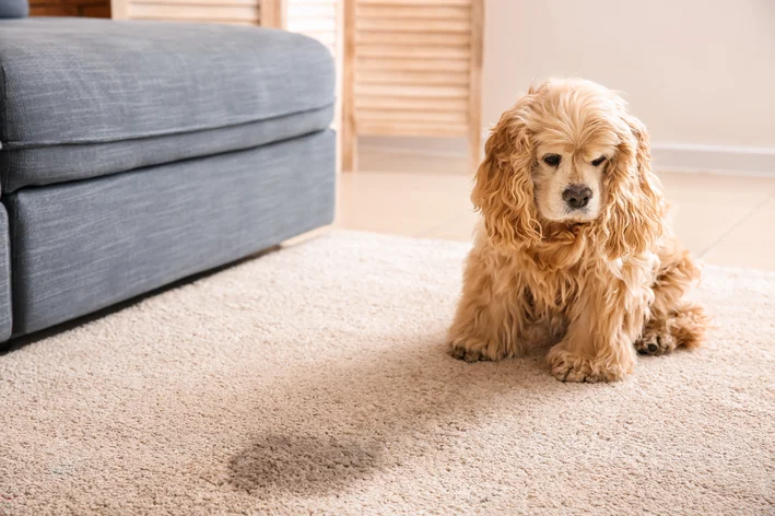 cachorro com incontinência urinária ao lado poça de xixi