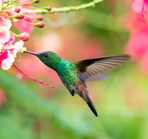 beija flor voando perto da flor