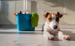 cachorro perto de produto de limpeza