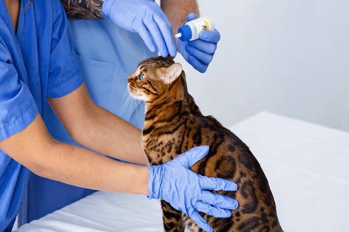 veterinário administrando medicamento na orelha de gato