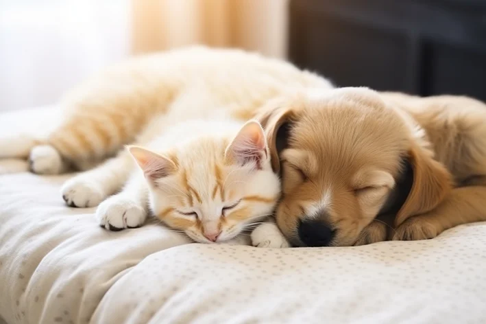 cachorro e gato dormindo na cama