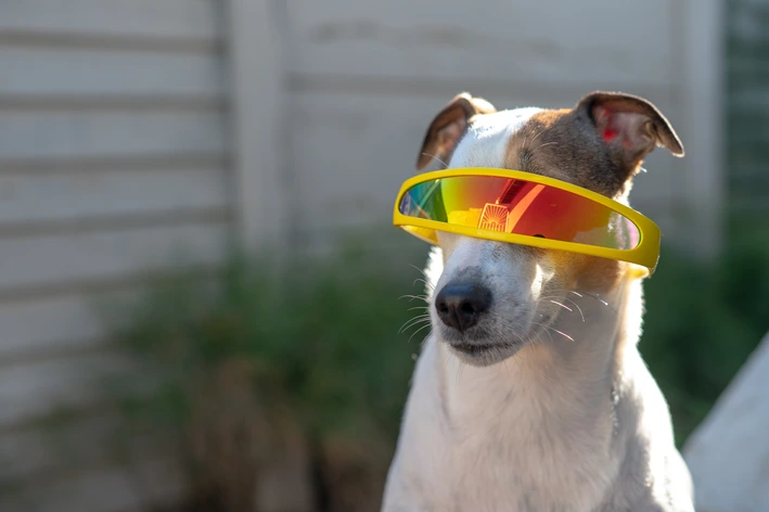 Cachorro cego: sintomas, testes e cuidados essenciais para cães com cegueira Cachorro branco e marrom usando óculos de proteção amarelos com lente colorida, em ambiente externo, olhando diretamente para a câmera