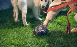 tutor pegando fezes de cachorro