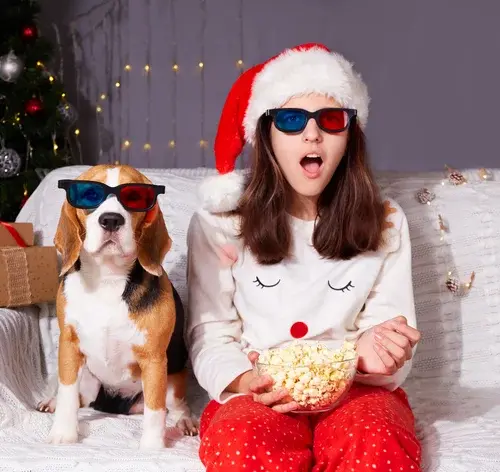 cão e tutora brincando de quiz-filme-de-natal-com-cachorro