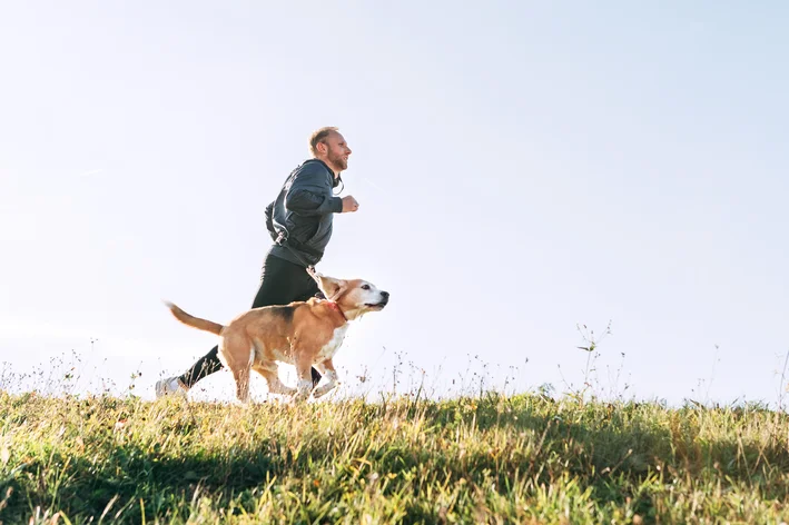 Homem correndo ao ar livre com seu cachorro em um campo aberto, manhã ensolarada, prática de atividade física ao ar livre, vida saudável, bem-estar
