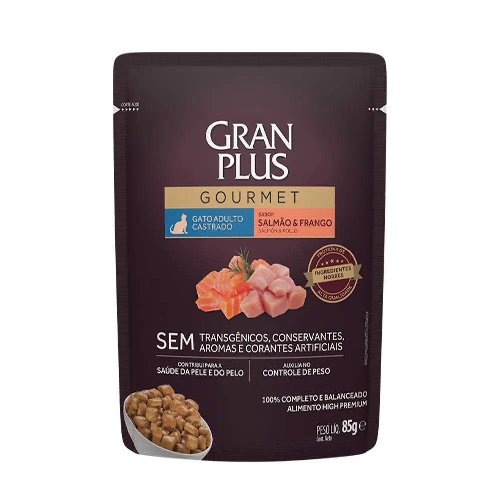 Ração Úmida GranPlus Gourmet Gatos Castrados Salmão e Frango