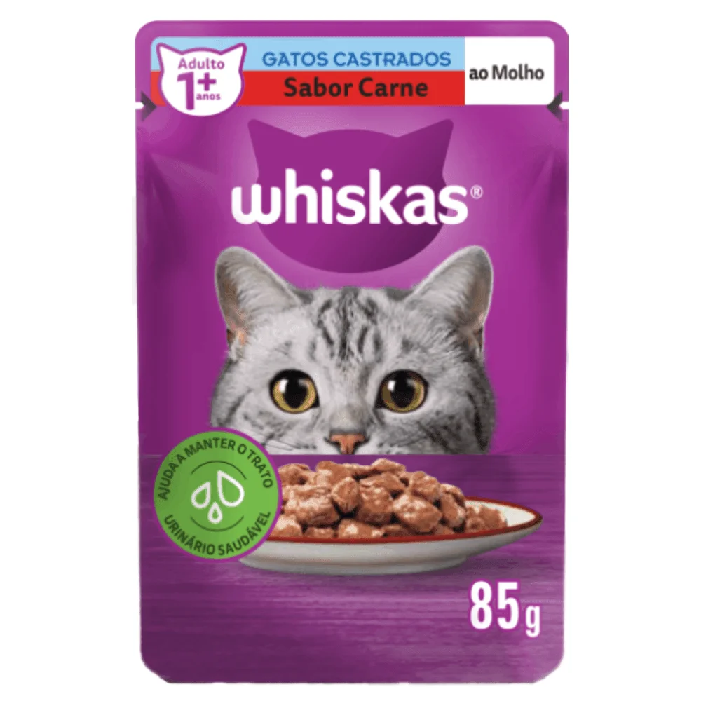 Ração Úmida Whiskas Sachê Carne ao Molho Gatos Adultos Castrados