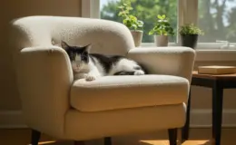 Gato frajola tomando sol na poltrona da sala.