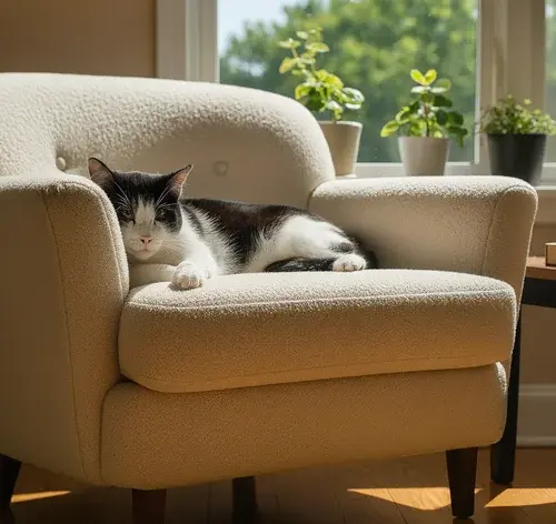 Gato frajola tomando sol na poltrona da sala.