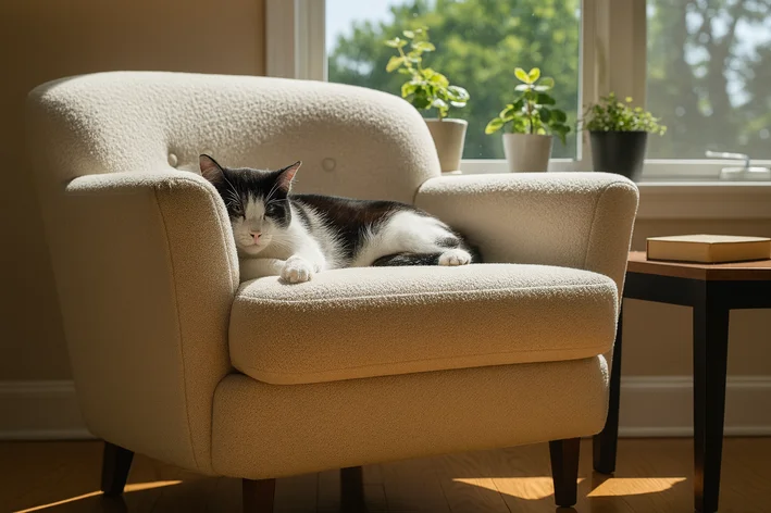 Gato frajola tomando sol na poltrona da sala.