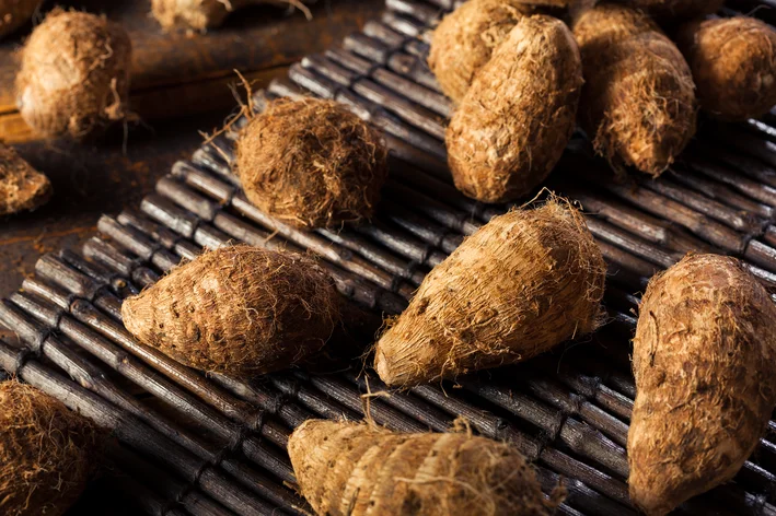 Inhames dispostos sobre uma esteira de metal, destacando a textura rústica e natural do alimento.