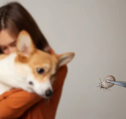 Dona de um cachorro, segurando-o no colo, enquanto uma pinça segura um carrapato próximo ao animal, destacando a importância do controle de carrapatos em pets.