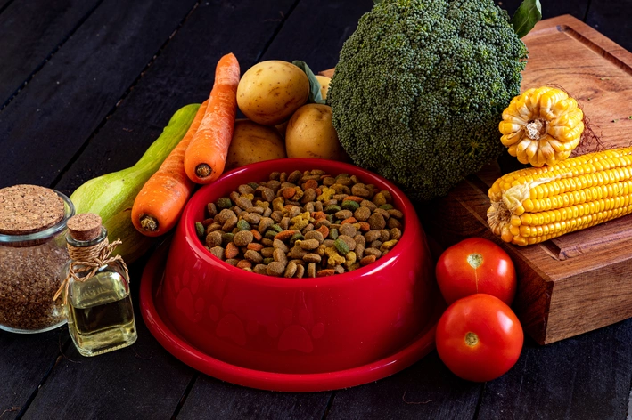 um comedouro com ração e diversos tipos de alimentos e temperos