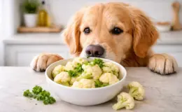 Cachorro da raça Golden Retriever farejando um pote com couve-flor em uma bancada.