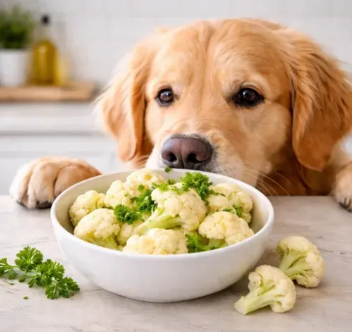 Cachorro da raça Golden Retriever farejando um pote com couve-flor em uma bancada.