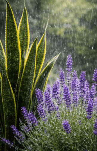 Jardim chuvoso com espada-de-São-Jorge e lavanda (1)