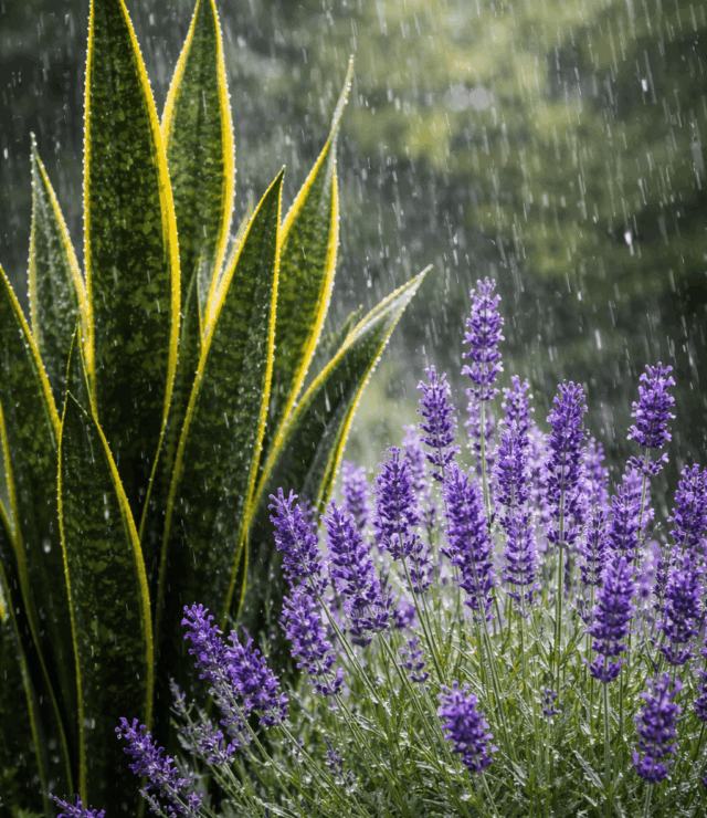 Jardim chuvoso com espada-de-São-Jorge e lavanda (1)