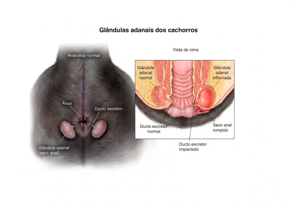 Infográfico comparando glândulas adanais caninas saudáveis e inflamadas